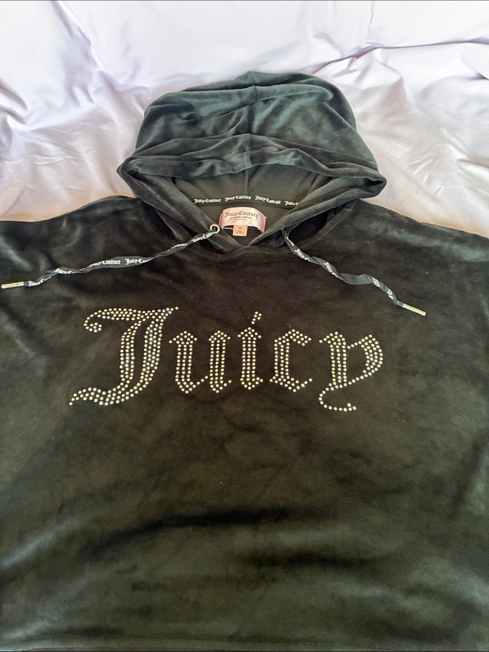 Juicy Couture Black Velour Cropped Bling sleepwear Hoodie size medium